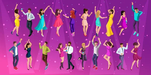 Qualité Isometrics, une fille 3D d'un homme à une fête, une fête d'entreprise, dansant dans un club, jeunes belles personnes dansant — Image vectorielle