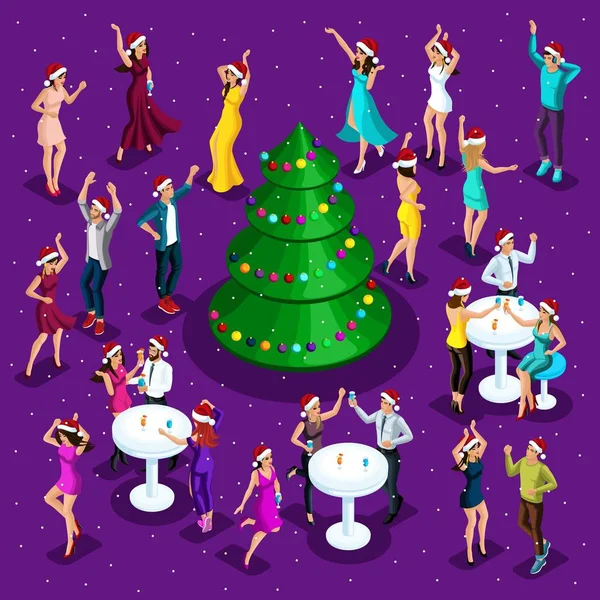 Isométrica celebración de la Navidad, 3d baile, la felicidad de un hombre y una mujer se están divirtiendo, árbol de Navidad festivo en el centro, fiesta corporativa, discoteca — Vector de stock