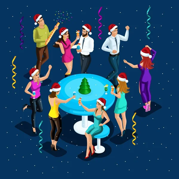 Isometry of a girl in sexy clothes is dancing, beautiful men are dancing, a night club is a party, a corporate party. Christmas celebration — Stock Vector