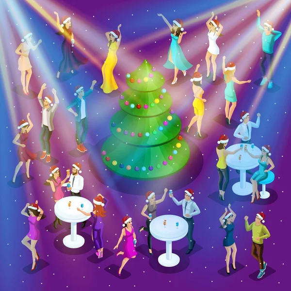 Ізометричне святкування Різдва, 3d танці, щастя чоловіка і жінки розважаються, святкова ялинка в центрі, корпоративна вечірка-01 — стоковий вектор