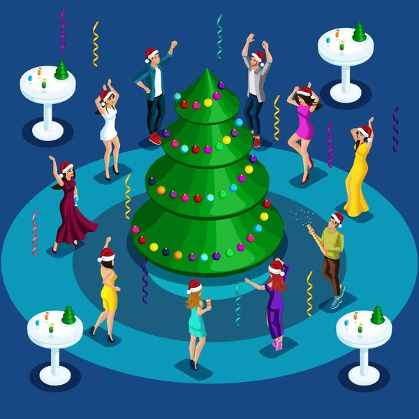 我是个新年晚会。企业舞蹈3d 女孩和男人跳舞, 迪斯科, 圣诞节假期装饰圣诞树, 工作人员 — 图库矢量图片