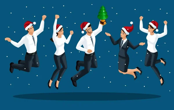 Isométrica de homens e mulheres em roupas de escritório saltar, alegrar-se, feliz, Papai Noel salta celebrando a vitória — Vetor de Stock