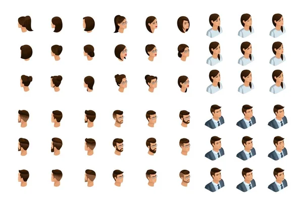 Qualitative Isometry is a detailed study of a set of hairstyles and emotions for characters in isometric. Emotions of men and women. Front view and rear view — Stock Vector