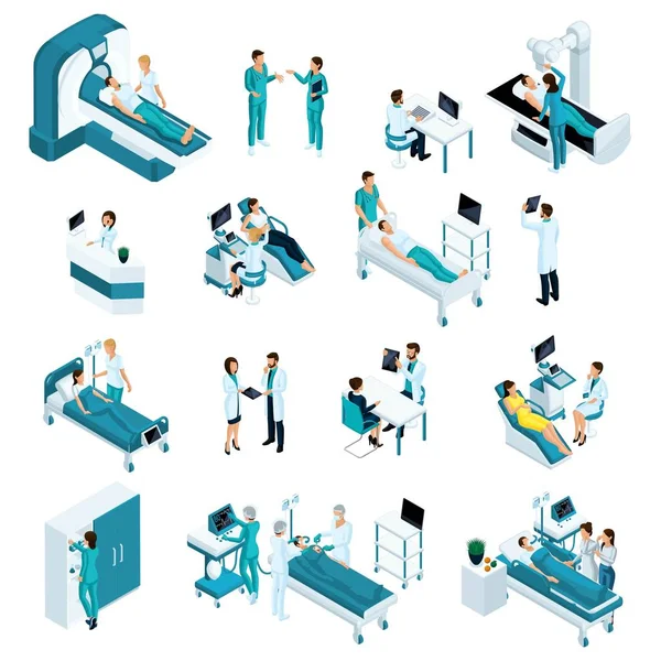 Isometrics medicine, quality people. Resuscitation, doctors, medical workers. Includes operating table, x-ray scanner, anesthesia machine and other equipment — Stock Vector