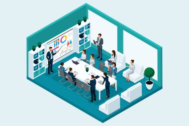 Nitel Isometry, 3d karakterler, iş adamları eğitim office odasında. Vektör kavramı için iş oyunları