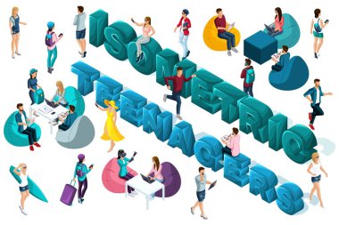 Nitel Isometry, metin, co iş, serbest, öğrenciler etrafında gençler ve genç girişimcilerin 3d karakterler. Vektör çizim