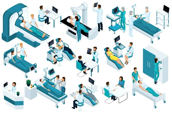 Set Isométrico, trabajadores médicos y pacientes, cama de hospital, resonancia magnética, escáner de rayos X, escáner de ultrasonido, silla dental, quirófano — Vector de stock