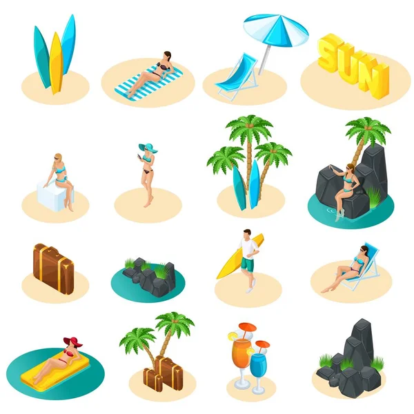 Isometrics set of icons for the beach, girls in bikini, guy with surfboard, palm trees, sun, sea excellent set for vector illustrations — Stock Vector