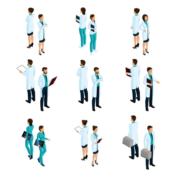 Uppsättning sjukvårdsarbetare i isometrisk framsidan och baksidan, sjukhuspersonal, läkare, kirurg, sjuksköterska — Stock vektor
