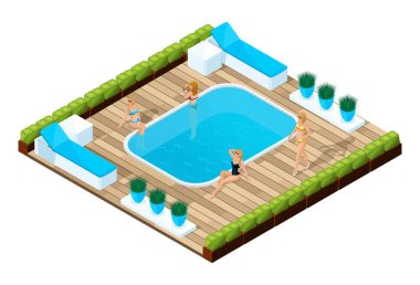 Havuzun yanında bir kız isometry, insanlar, yüzme tatildeler. Mayolar parlak reklam kavramı içinde güzel kızlar