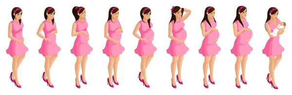 Isometrie eines schwangeren Mädchens, Stadien und Zeitpunkt der Schwangerschaft. Geburt eines Kindes, Mutter und Kind, glückliche Familie — Stockvektor