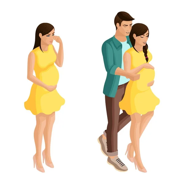 Isomtry de una chica embarazada con un hombre amado, la familia feliz está esperando a un niño. Chica embarazada solitaria llora — Vector de stock