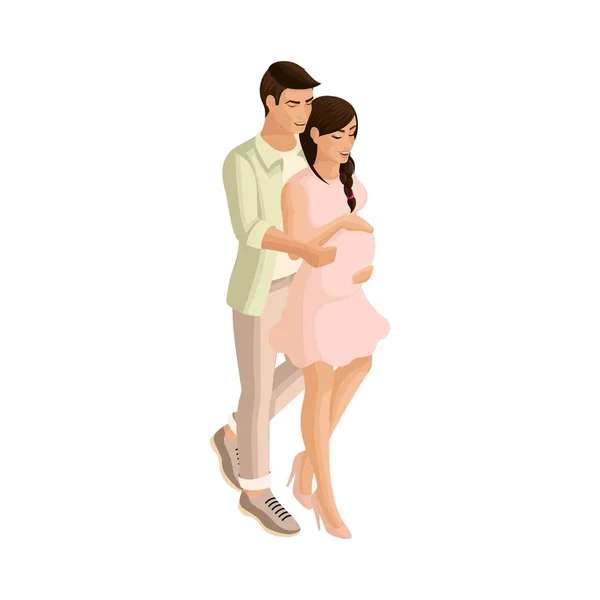 アイソ メトリック図法では、将来の子供に気を付けて入札カップルです。最愛の人と将来の父の腕の中で妊娠中の女の子。触れる広告コンセプト — ストックベクタ