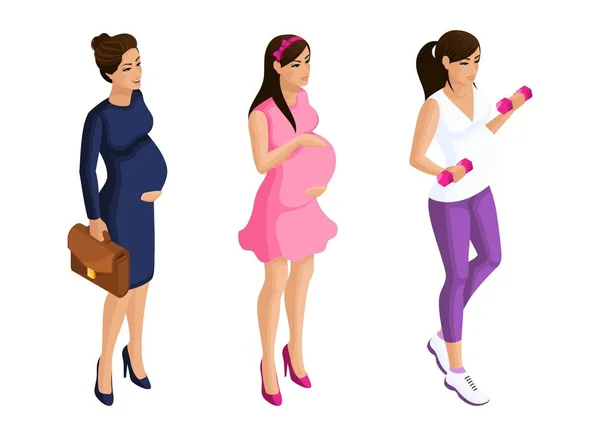 Isomtry Una chica embarazada en diferentes formas, una mujer de negocios, en un paseo, va a los deportes. Conjunto de caracteres para ilustraciones vectoriales — Vector de stock