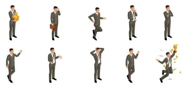 Hombre isométrico con emociones, hombre de negocios 3d, en diferentes poses con diferentes emociones y movimientos. Utilice la imagen de carácter adecuada para los conceptos publicitarios — Archivo Imágenes Vectoriales