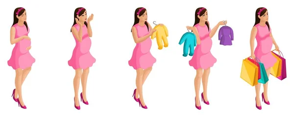 Изометрическая девушка беременна, делает покупки в поисках детских вещей, послушная беременная женщина. Эмоции беременной двойки в розовой одежде превосходны. — стоковый вектор