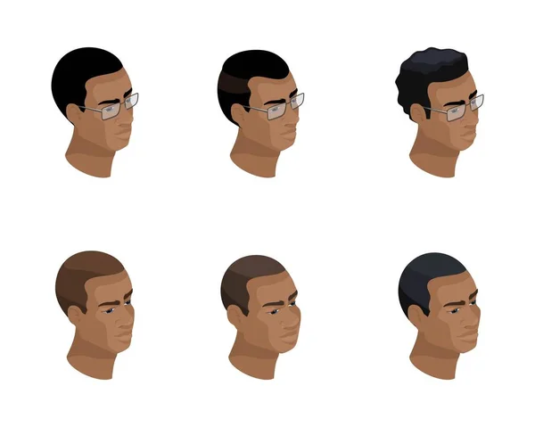 Isometría de un icono de una cabeza de un peinado de un afroamericano, caras 3D, ojos, labios, las emociones de un hombre. isometría cualitativa de las personas para ilustraciones vectoriales — Archivo Imágenes Vectoriales