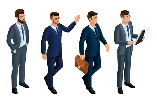 Iconos de Isometry de las emociones de los hombres, hombres de negocios 3d, CEO, abogado. Expresión de cara, peinado. isometría cualitativa de las personas para ilustraciones vectoriales — Archivo Imágenes Vectoriales