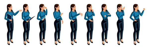 Isomtry iconos emociones mano gestos mujer de negocios, cara 3d, ojos, labios, emociones de la muchacha, expresiones faciales, ira, alegría. Personas de calidad para ilustraciones vectoriales — Archivo Imágenes Vectoriales