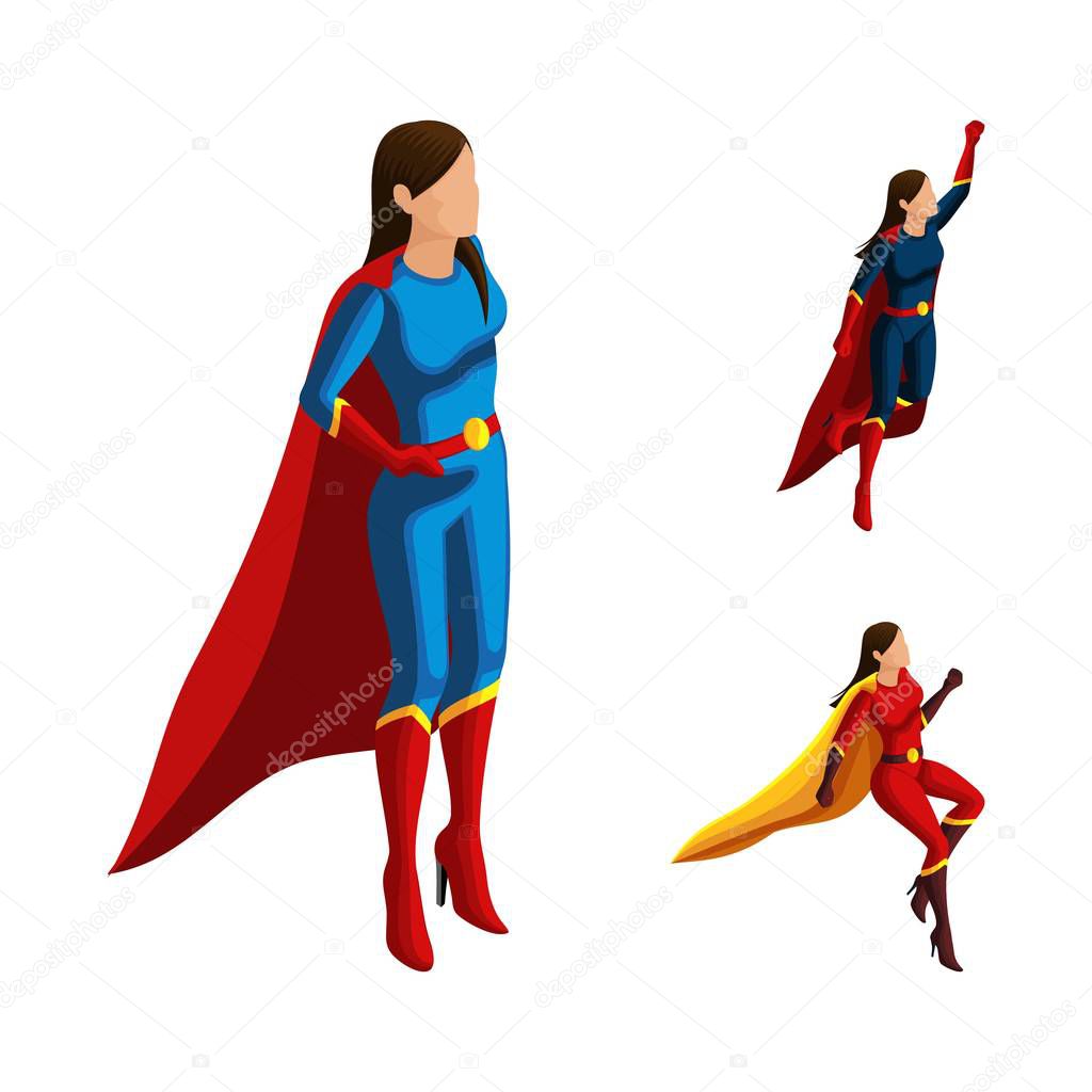 Isometry A set of superhero girls in different suits, looks after the order, the cloak develops, 3D woman flies, heroes, rescuers. Vector illustration