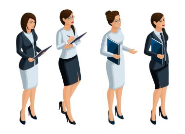 İzometrik simgeler kadının duygu, 3d işkadını, Ceo, avukat. Yüz, makyaj ifadesidir. Nitel isometry vektör çizimler için bir kişi