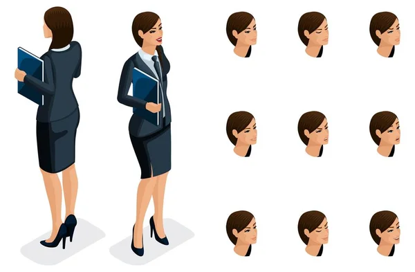 Isometrisch icons van vrouw emoties, 3d lichaam vooraanzicht en achteraanzicht, gezicht, ogen, lippen, neus. Gelaatsuitdrukking. Kwalitatieve isometrie van mensen voor vector — Stockvector