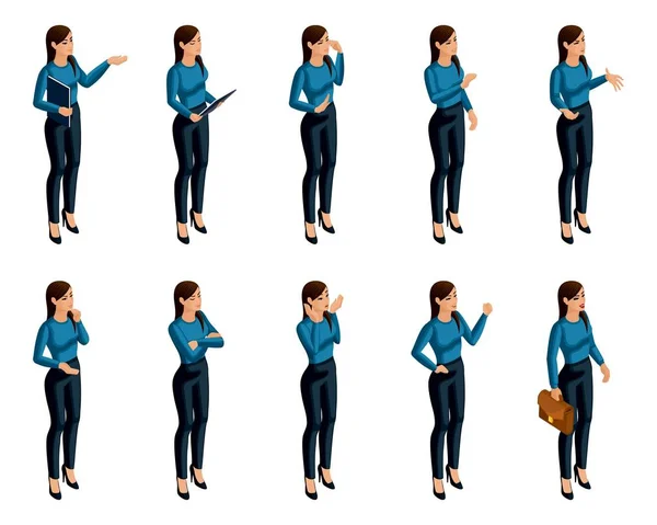 Isometrische Ikonen der Gefühle der Frau, 3D-Körperansicht von vorne und von hinten, Gesicht, Augen, Lippen, Nase. Gesichtsausdruck. qualitative Isometrie von Menschen für Vektor — Stockvektor