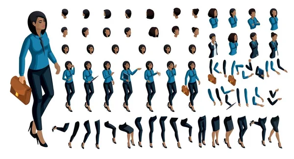 La grande serie delle emozioni della gente in isometrico per creare il proprio carattere. 3d donna d'affari afro-americana con una serie di gesti mano in un abito da lavoro. Per vettore — Vettoriale Stock