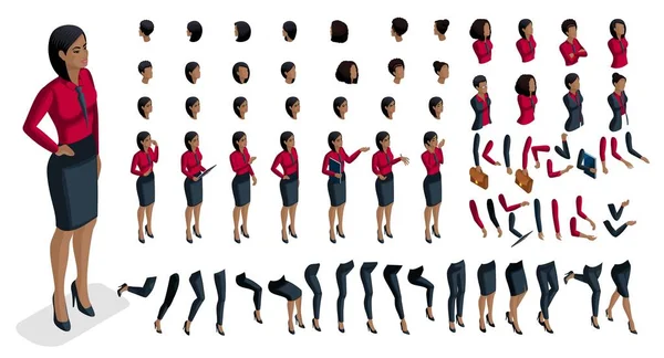 Besar mengatur emosi orang dalam isometrik untuk menciptakan karakter sendiri. 3d bisnis wanita Afrika Amerika dengan satu set emosi dan gerakan tangan. Untuk vektor - Stok Vektor