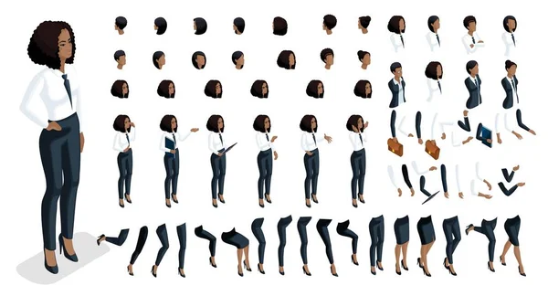 Isometrics mensen emoties onder ogen zien, maken van je personage. 3D bedrijf van een African American vrouw met een reeks van emoties en gebaren van handen. Creatieve grote verzameling — Stockvector