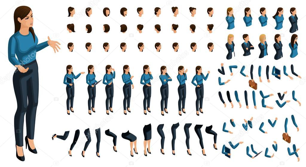 Isometrics people emotions face, create your character. 3D business lady with a set of emotions and gestures of hands. Creative large set for vector illustrations