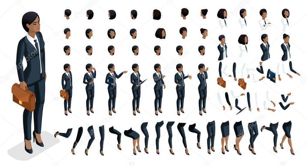Isometrics people emotions face, create your character. 3d business of an African American woman with a set of emotions and gestures of hands. Large set for vector