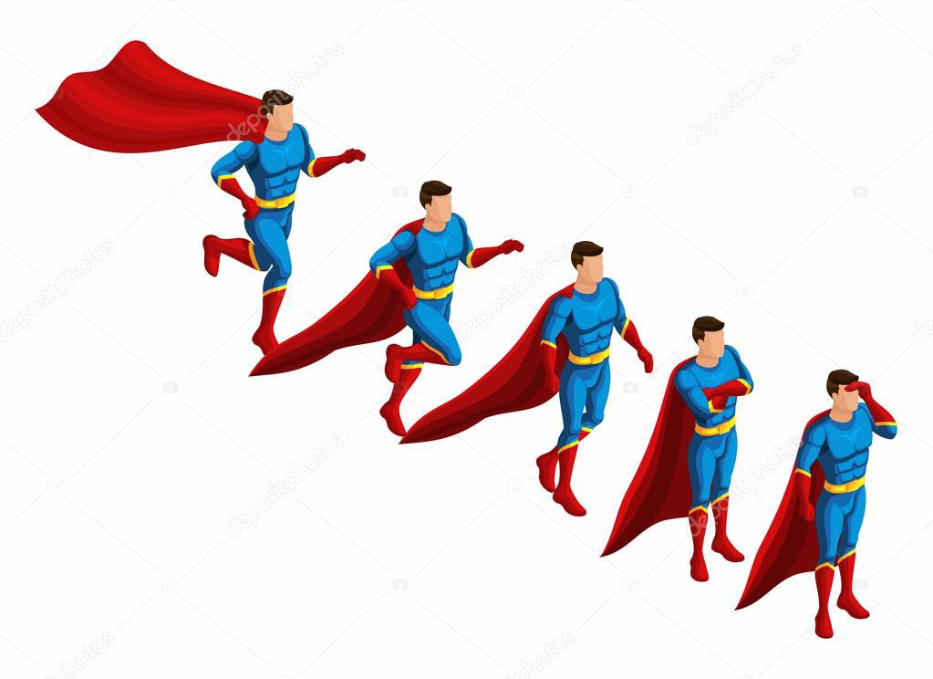 Isometry is a set of superheroes, 3D set of movements of supermen in a suit with a raincoat. Runs, hurries, goes looking for
