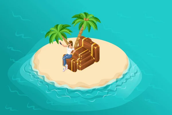 Isometry is a paradise island in the middle of the ocean, a beautiful girl in jeans and sneakers on suitcases tropical palms. Set for vector illustrations — Stock Vector