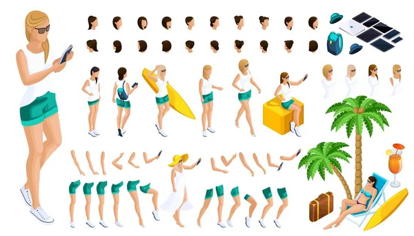Ισομετρική σύνολο των κινήσεων των χεριών και των ποδιών 3d έφηβο κορίτσι, υπόλοιπο, κορίτσι στην παραλία. Δημιουργήστε τον χαρακτήρα σας για εικονογραφήσεις φορέα — Διανυσματικό Αρχείο