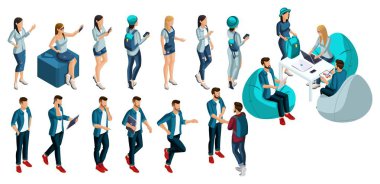 İsometry vektör insanlar, bir erkek ve bir kadın yaz kot giysileri, moda sırt çantaları 3d karakter kümesidir. Önden görünüm arka görüş. Vektör yaz
