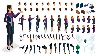 El jestleri ve kadın 3d iş kadını metrelik büyük izometrik kümesi. İzometrik karakter şık giysiler içinde bir ofis çalışanı için vektör oluşturmak