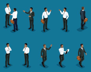 Isometrics set of male African American office workers, in business clothes, management, training, coaching.3D people for Vector illustrations clipart