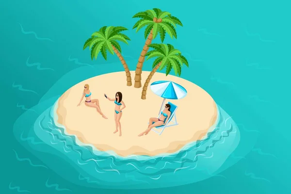 Ilustración isométrica de verano con una isla paradisíaca para una empresa de viajes, anunciando unas vacaciones con chicas bronceadas en 3D en trajes de baño brillantes y haciendo selfies — Archivo Imágenes Vectoriales