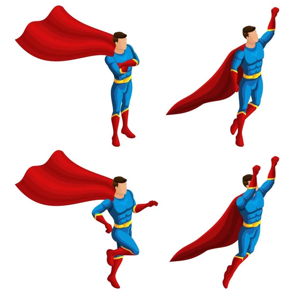 Isometrien eine Reihe von Superhelden Männer in einem Anzug, rennt, springt, eilt zu Hilfe, 3D-Superman, Helden, Retter. Vektorillustration — Stockvektor