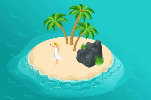 Isometric summer illustration with a paradise island for a travel company, a vacation advertisement with a 3D girl in a quiet wild island with palm trees and rocks — Stock Vector