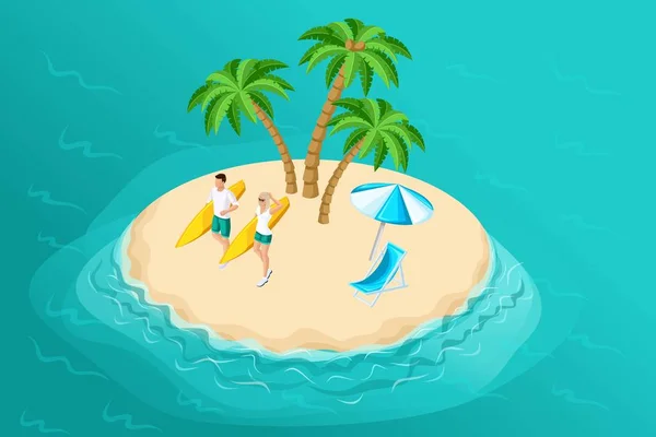 Isometry is a summer illustration with a paradise island for a travel company, a recreation ad with 3D characters, a man and a woman with a surfboard — Stock Vector