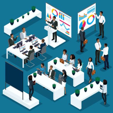 Toplantıda dizi Afro-Amerikan ofis çalışanları, eğitim semineri, yönetim, eğitim, coaching.3d insanlar için vektör çizimler