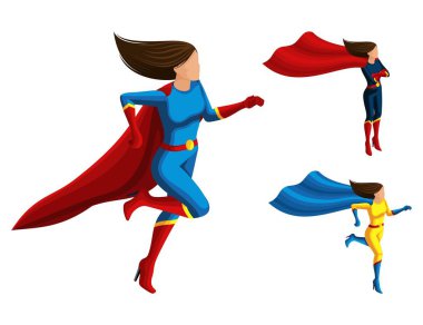 İsometry A süper kahraman kızlar farklı elbiseli çalıştırır, pelerin ve saç geliştirmek, 3d süper kadın, kahramanlar, kurtarma ekipleri. Vektör çizim