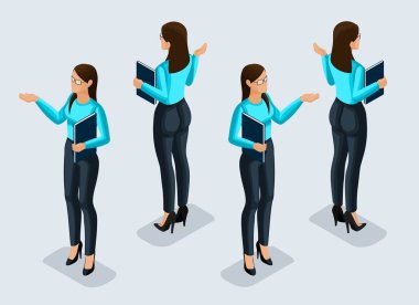 İsometry bir iş kadını olduğunu. 3D ofis çalışanı. Kız iş uygun görünüm açık ve dikiz. İnsan simge vektör çizimler için