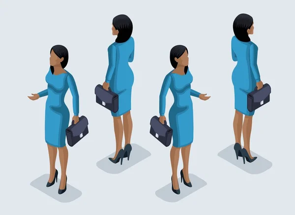 Isometrier är en affärskvinna. 3D flicka av en African American kontorsarbetare, i ett företag klänning framifrån och bakifrån. Mänskliga ikonen för vektor illustrationer — Stock vektor