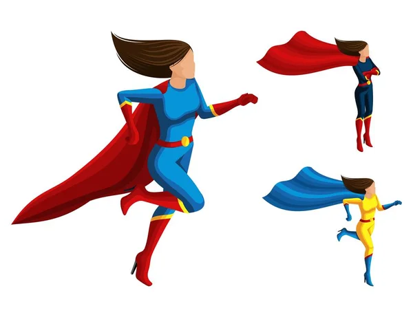 Isometry набор супергероев девушки в различных костюмах, работает, плащ и волосы развиваться, 3D супер женщина, герои, спасатели. Векторная иллюстрация — стоковый вектор