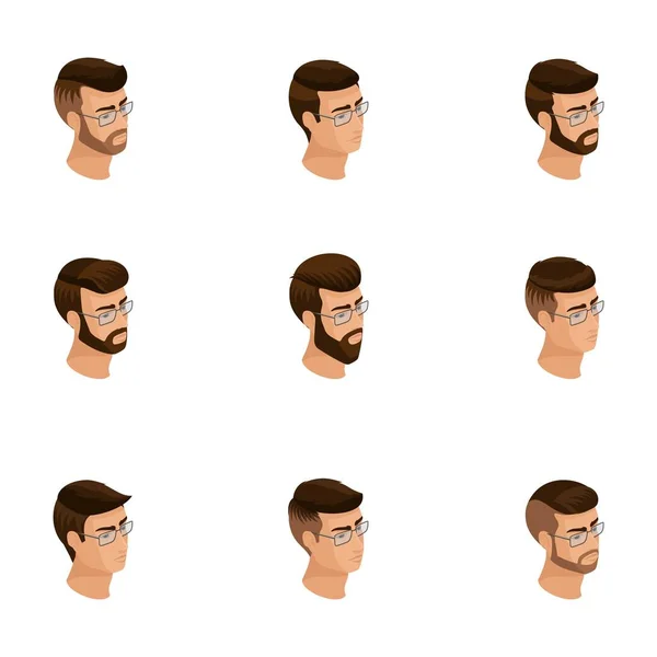 Icônes isométriques de la tête de la coiffure, visages 3D, yeux, lèvres, émotions masculines. Isométrie qualitative des personnes pour les illustrations vectorielles — Image vectorielle