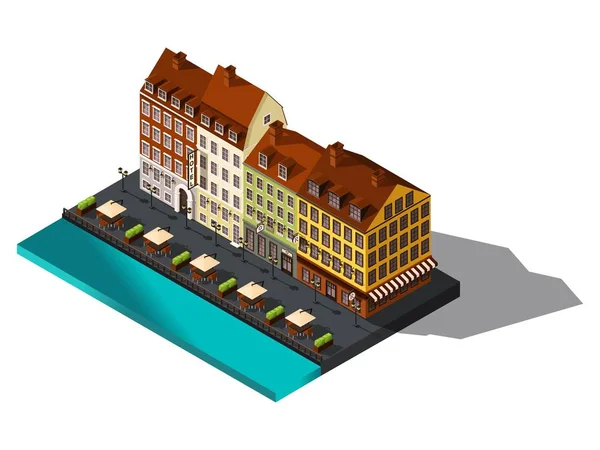 Ícone isométrico, rua 3d do velho dov pelo mar, hotel, restaurante, Dinamarca, Copenhague, Paris, o centro histórico da cidade, edifícios antigos — Vetor de Stock