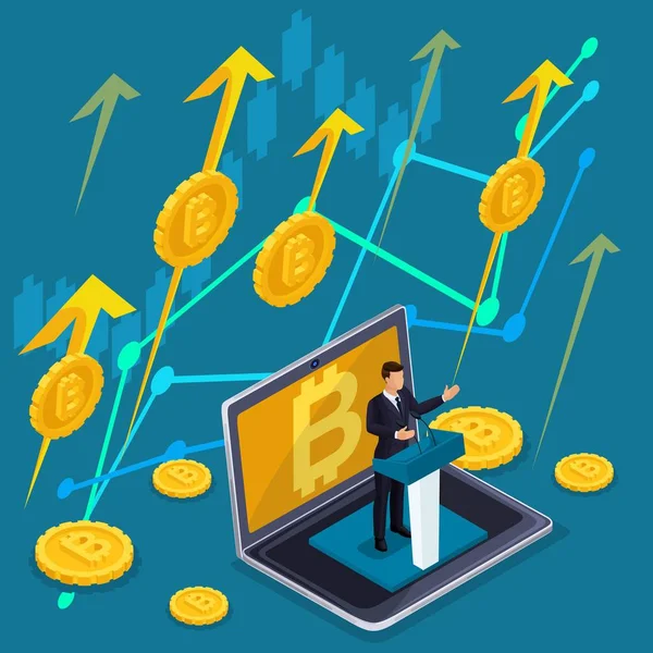 Isometric business concept, crypto currency, bitcoin is growing, stocks and investments are coming up. Businessman speaks with good news — Stock Vector